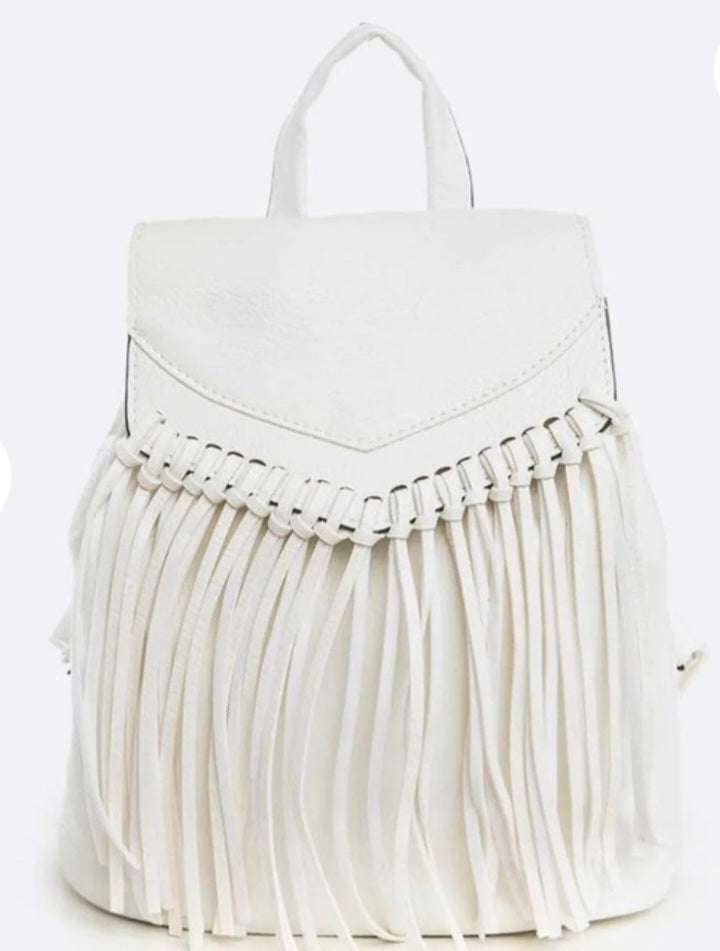 White backpack with fringe detail. Mini white backpack. Western style Backpack Accessories | TheFringeCultureCollective