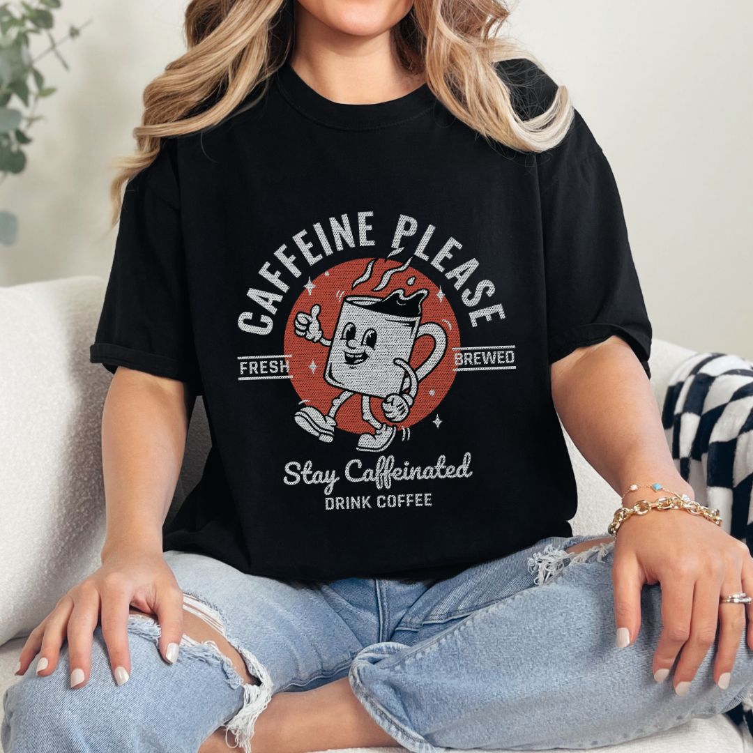 Caffeine Please Funny Graphic T-Shirt | Vintage Graphic Tee | Comfort Colors