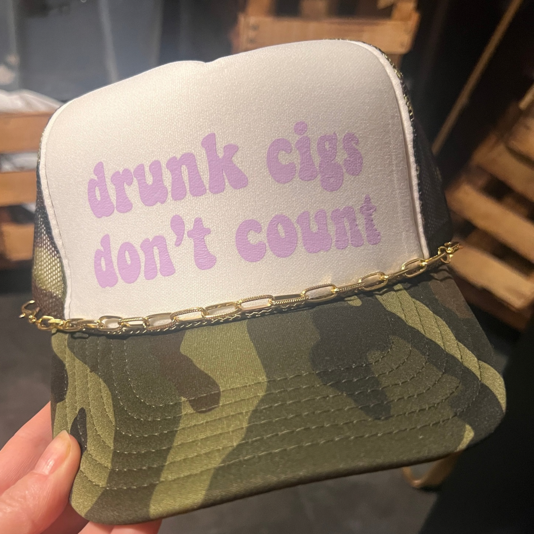 Drunk Cigs Don't Count Hat | Camo and White Trucker Hat by Haute Sheet