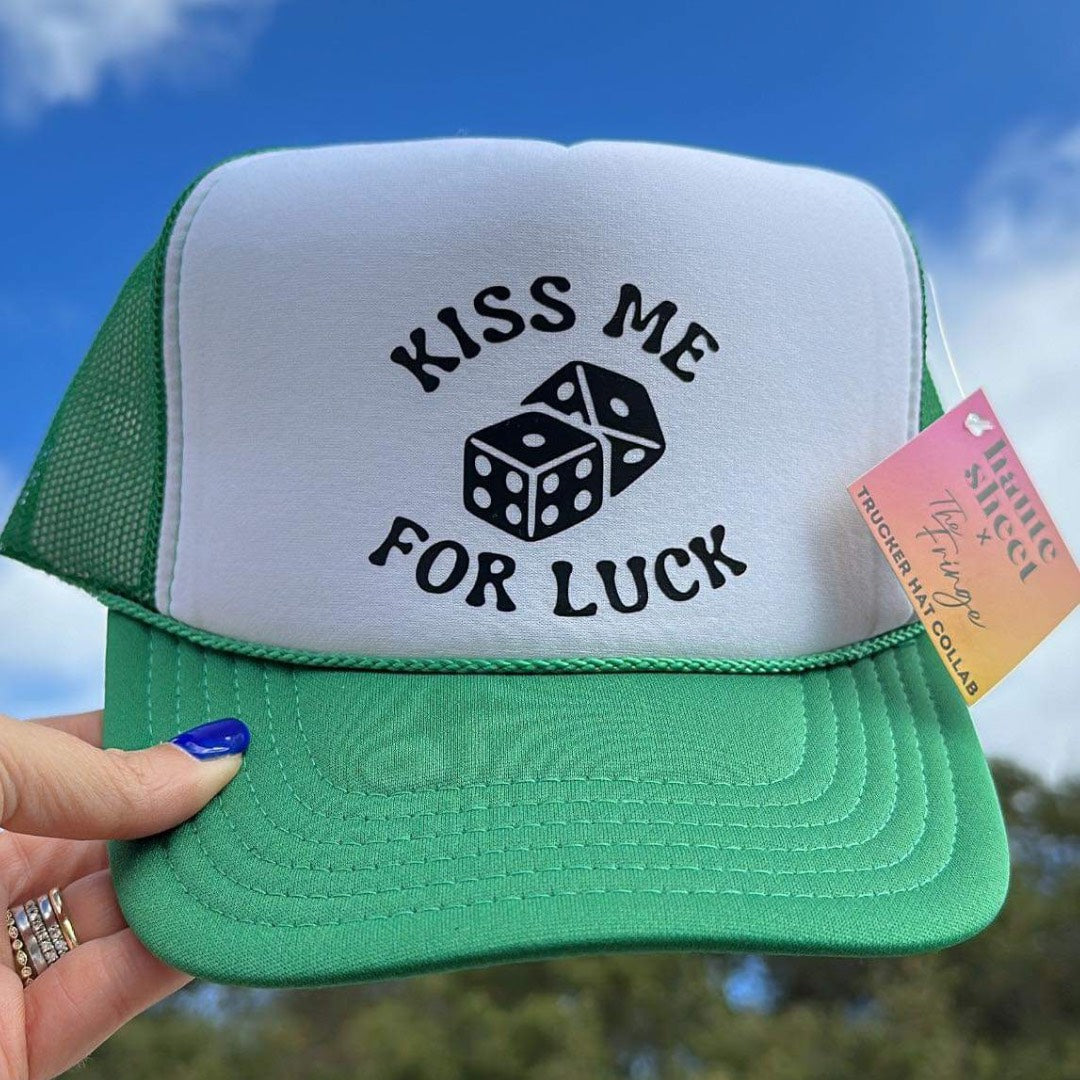 Kiss Me For Luck | Green and White Trucker Hat by Haute Sheet