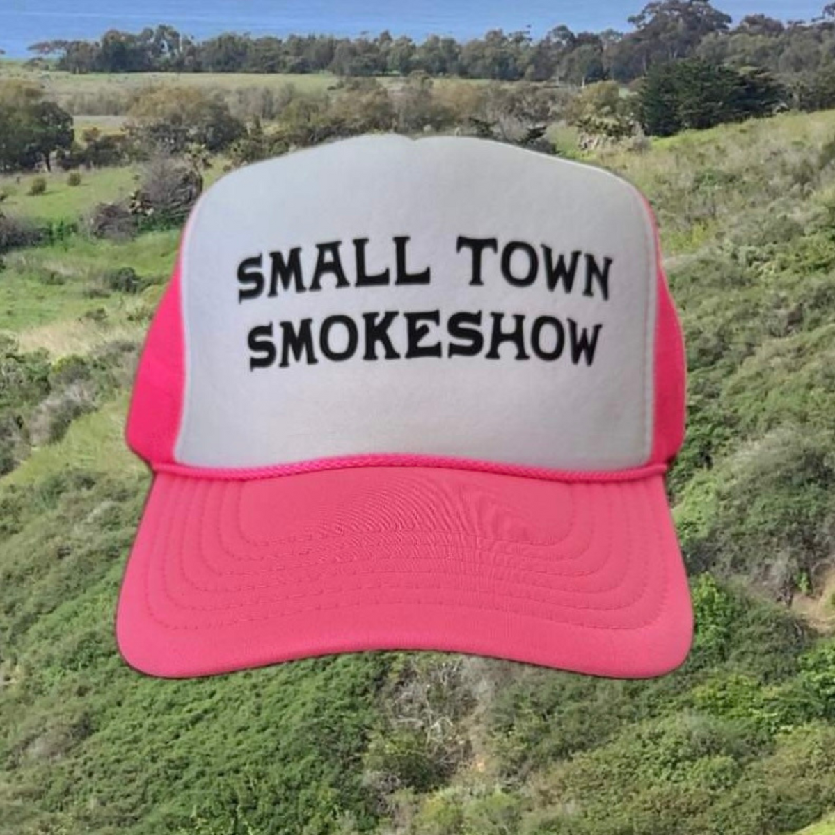 Small Town Smokeshow Trucker Hat | White and Pink Hat by Haute Sheet