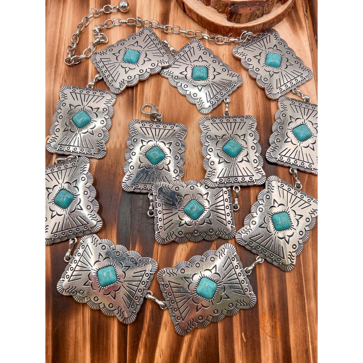 Airstream | Silver Concho Chain Belt With Turquoise Stones | Rectangular Western Belt TheFringeCultureCollective