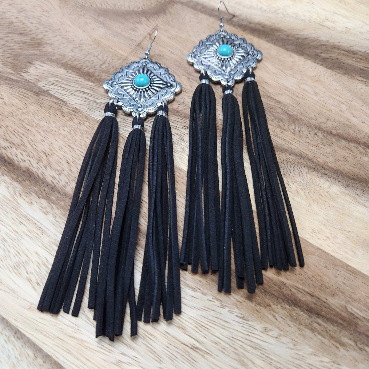 All The Fringe Leather Earrings with Turquoise Stone Earrings-Western TheFringeCultureCollective