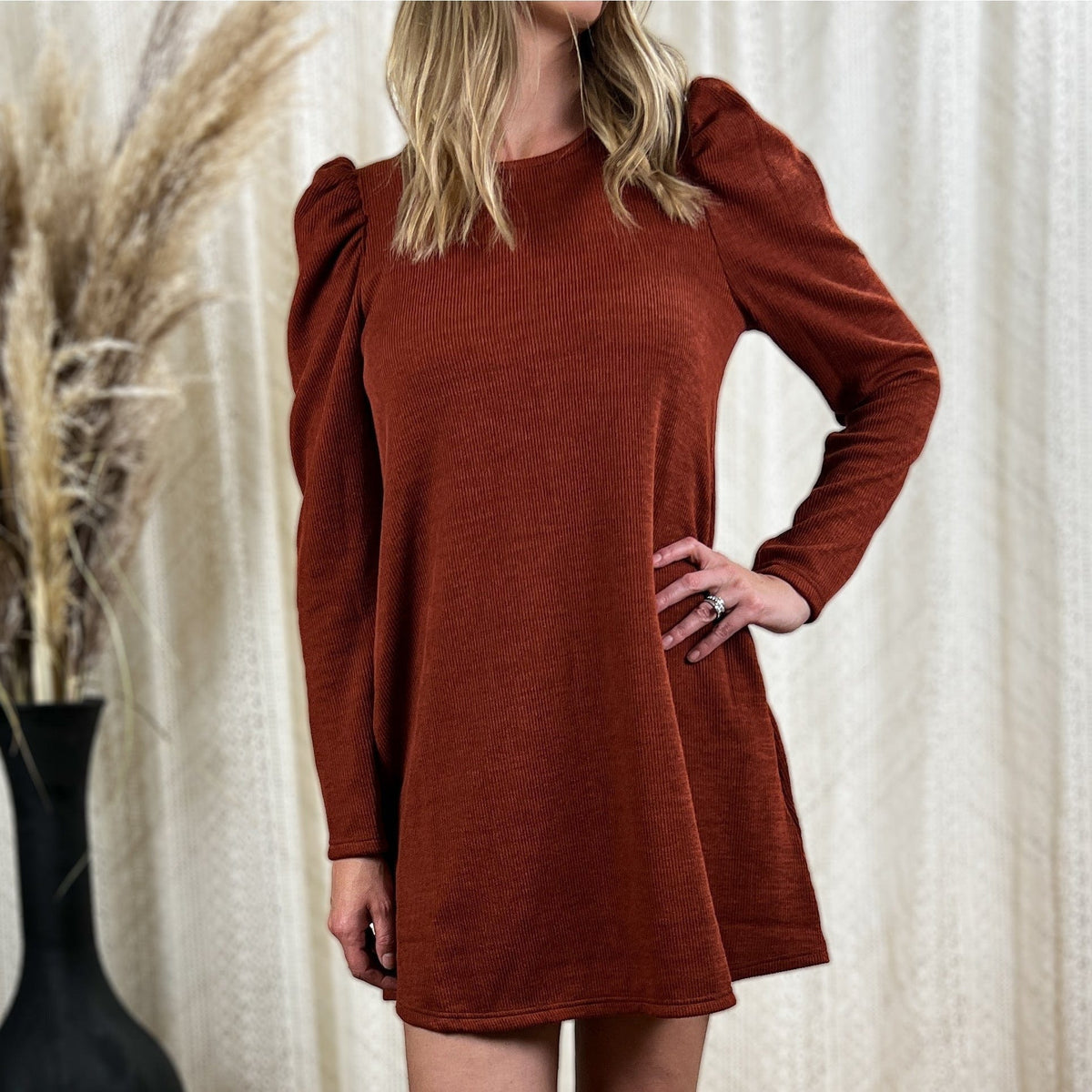 Autumn Breeze Puff Sleeve Tunic Dress with Pockets Dress- Mini TheFringeCultureCollective