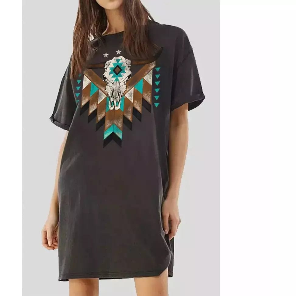 Aztec Skull Graphic T-Shirt Dress Dress- Mini TheFringeCultureCollective