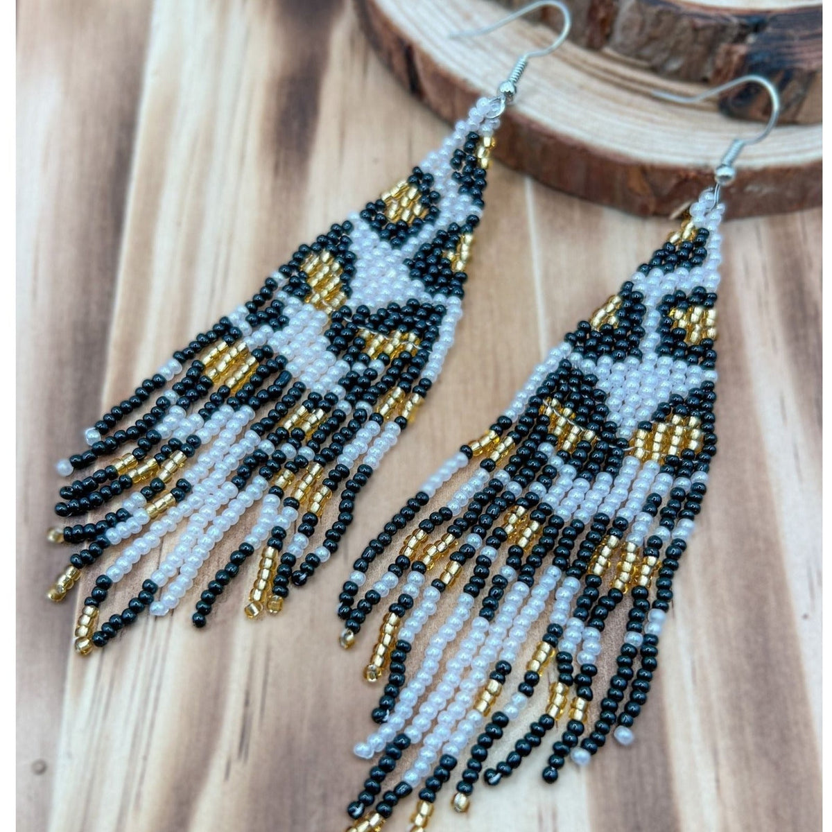 Baskin | Leopard Beaded Earrings | Black, Gold, White | Seed Beads Earrings TheFringeCultureCollective