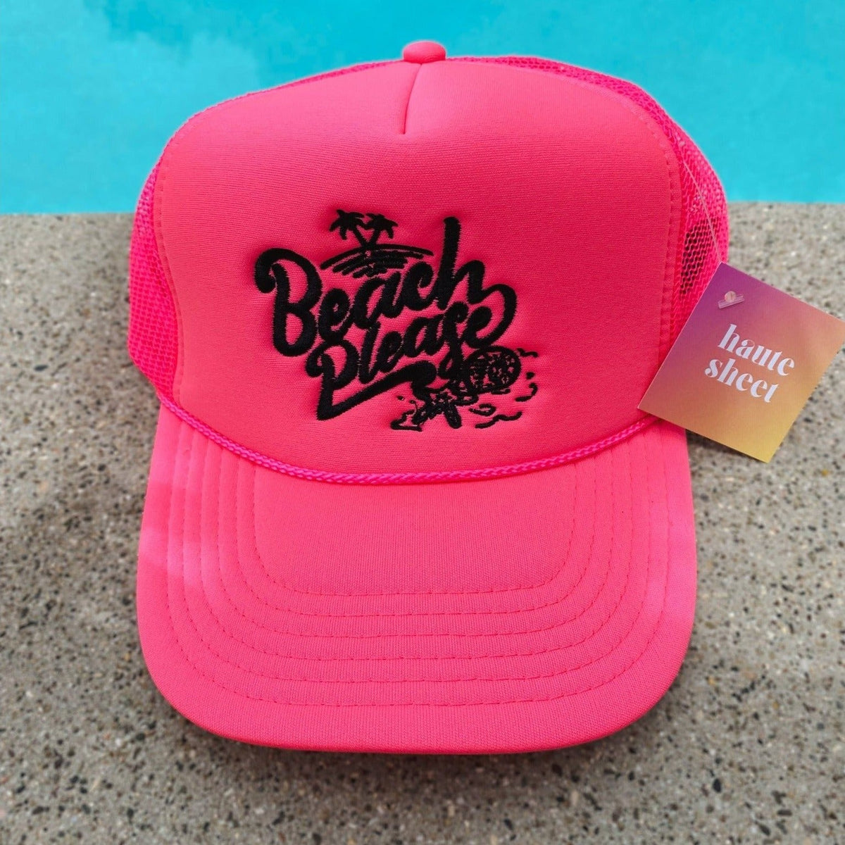 Beach Please | Black and Pink Trucker Hat by Haute Sheet Hats TheFringeCultureCollective