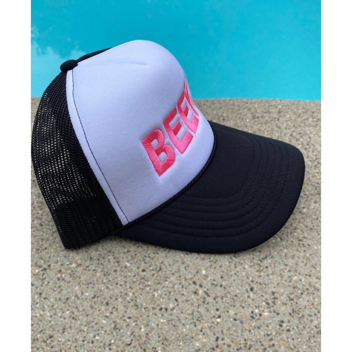 BEER Embroidered | Black and Pink White Trucker Hat by Haute Sheet Hats TheFringeCultureCollective