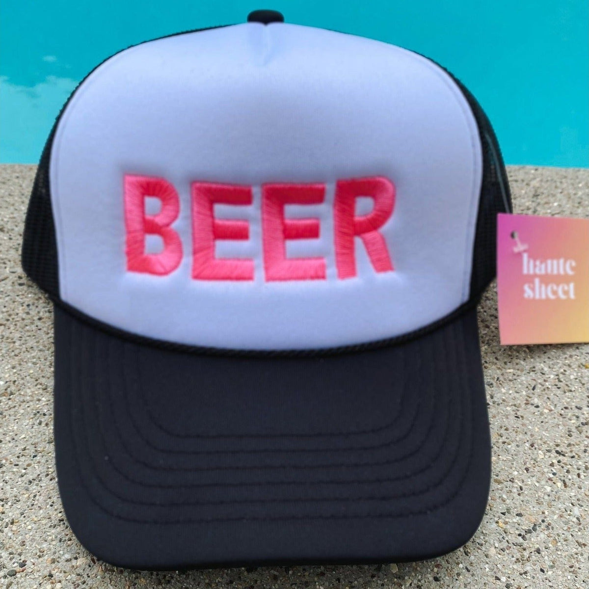 BEER Embroidered | Black and Pink White Trucker Hat by Haute Sheet Hats TheFringeCultureCollective