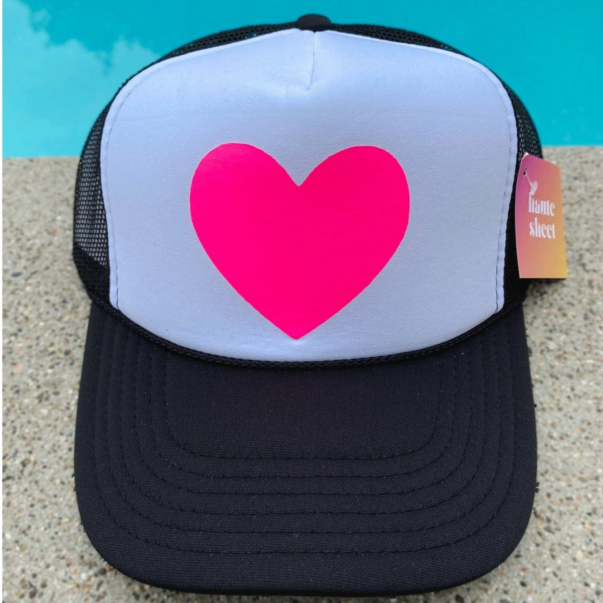 Black and White Trucker Hat with Pink Heart | Valentine's Trucker Hats Hats TheFringeCultureCollective