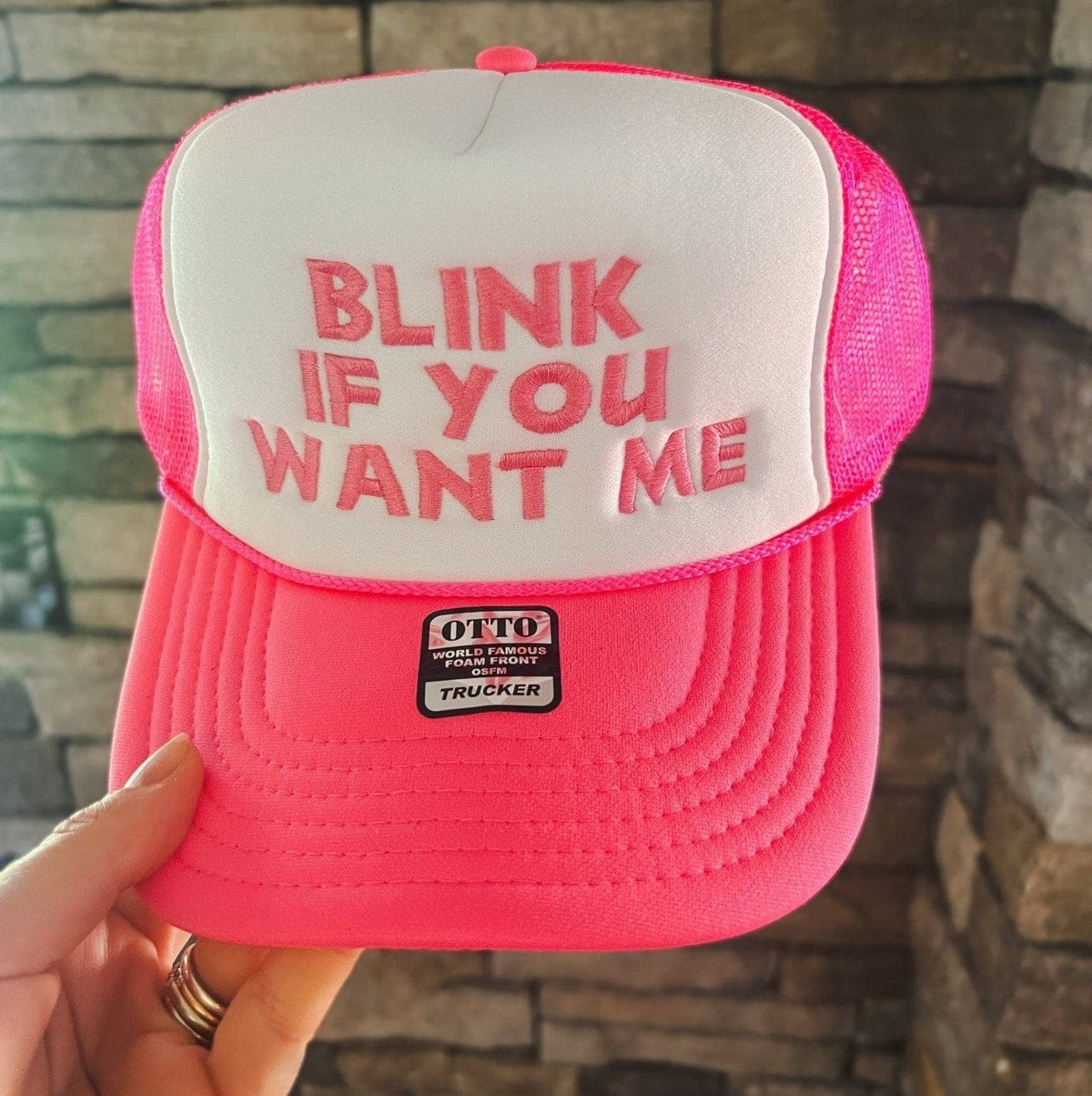 Blink if you Want Me Trucker Hat | White and Pink Hat by Haute Sheet Hats TheFringeCultureCollective