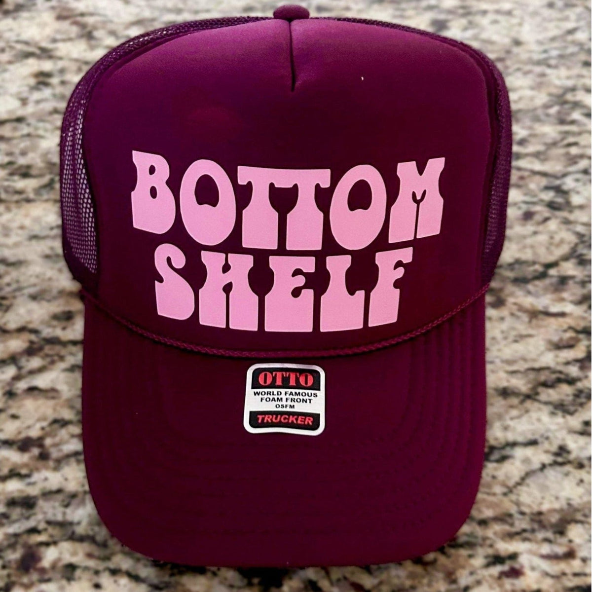 Bottom Shelf | Maroon and Pink Trucker Hat by Haute Sheet | Funny Alcohol related Hats TheFringeCultureCollective