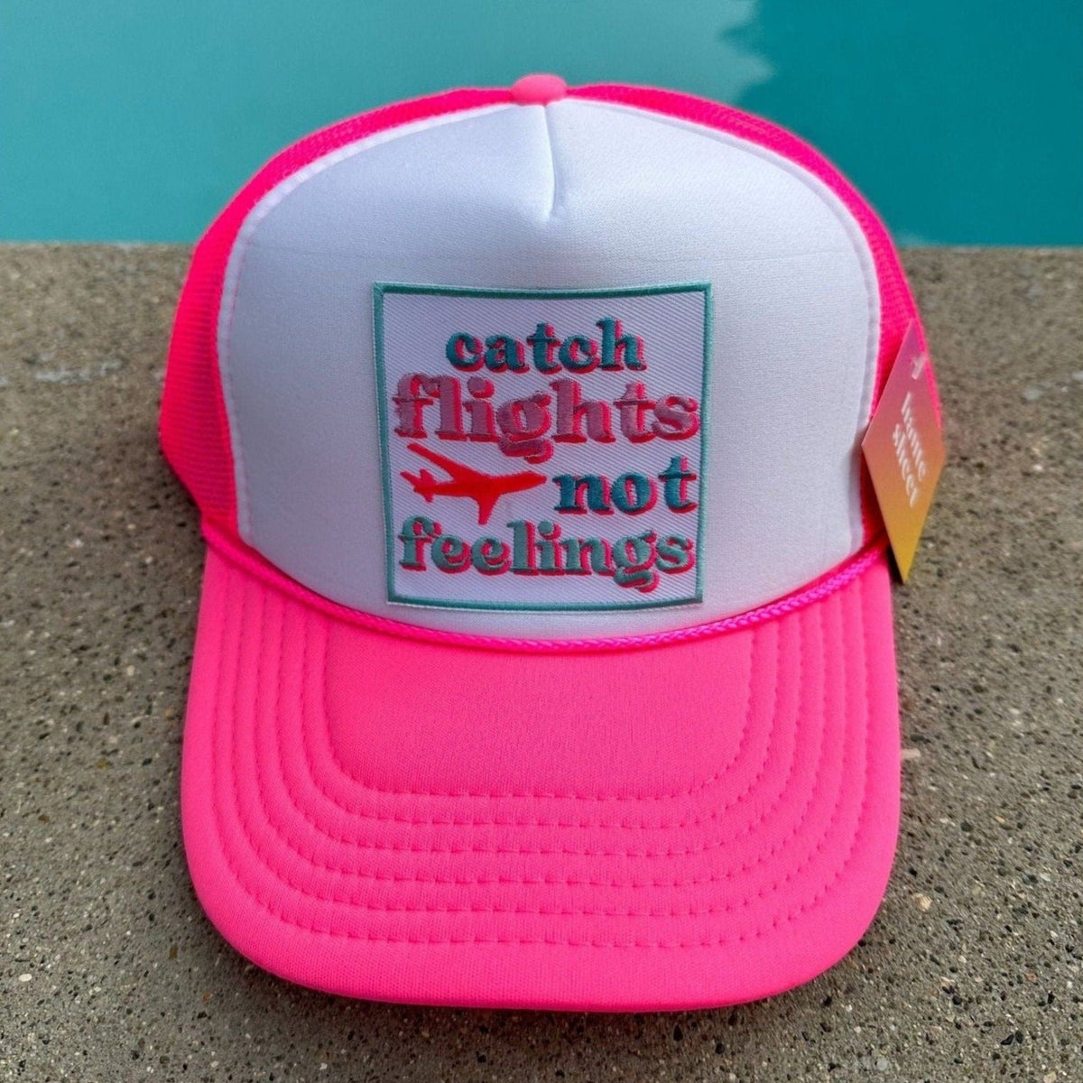 Catch Flights Not Feelings | Patch Trucker Hat | White and Pink Hat by Haute Sheet Hats TheFringeCultureCollective