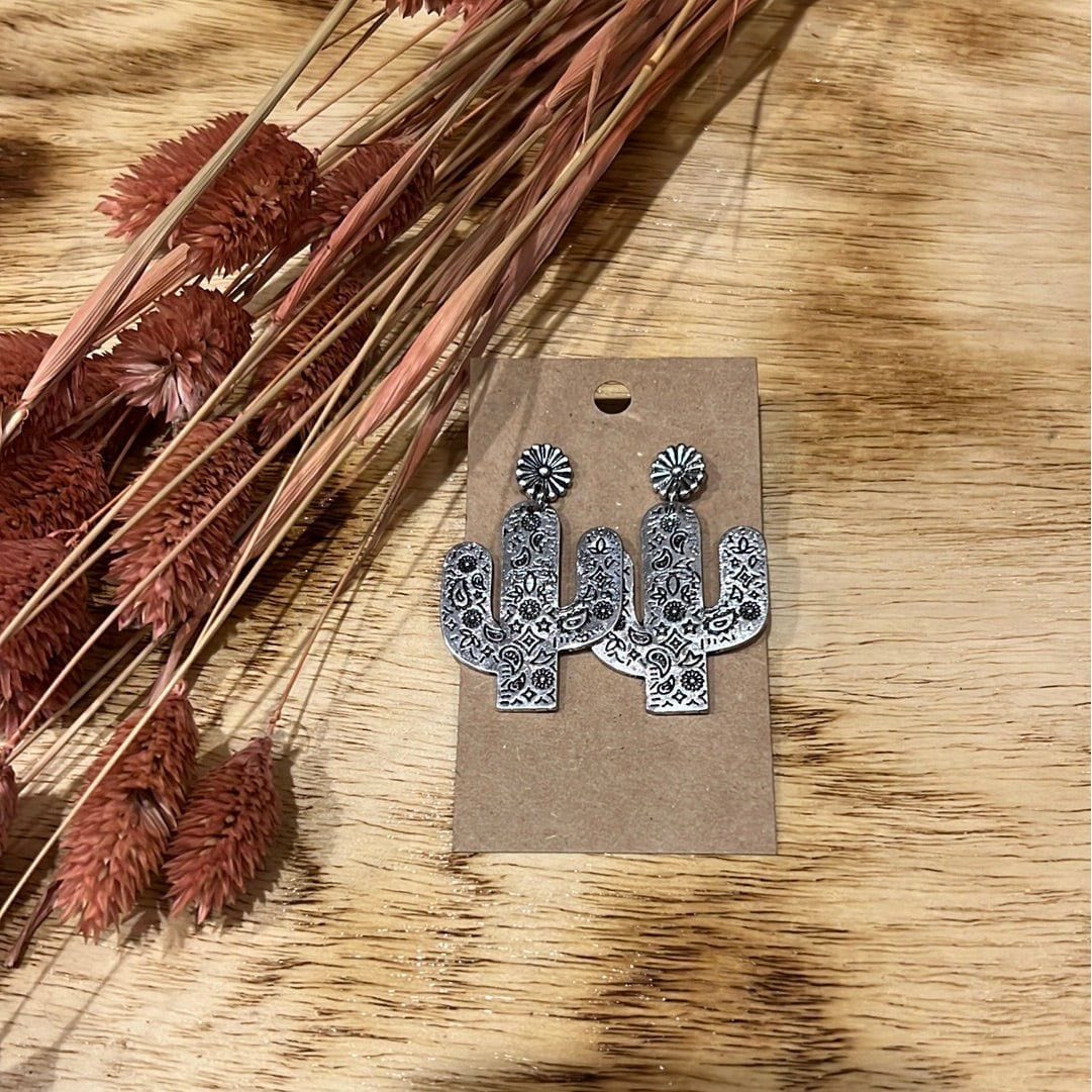 Desert City Silver Paisley Stamped Cactus Earrings Earrings TheFringeCultureCollective