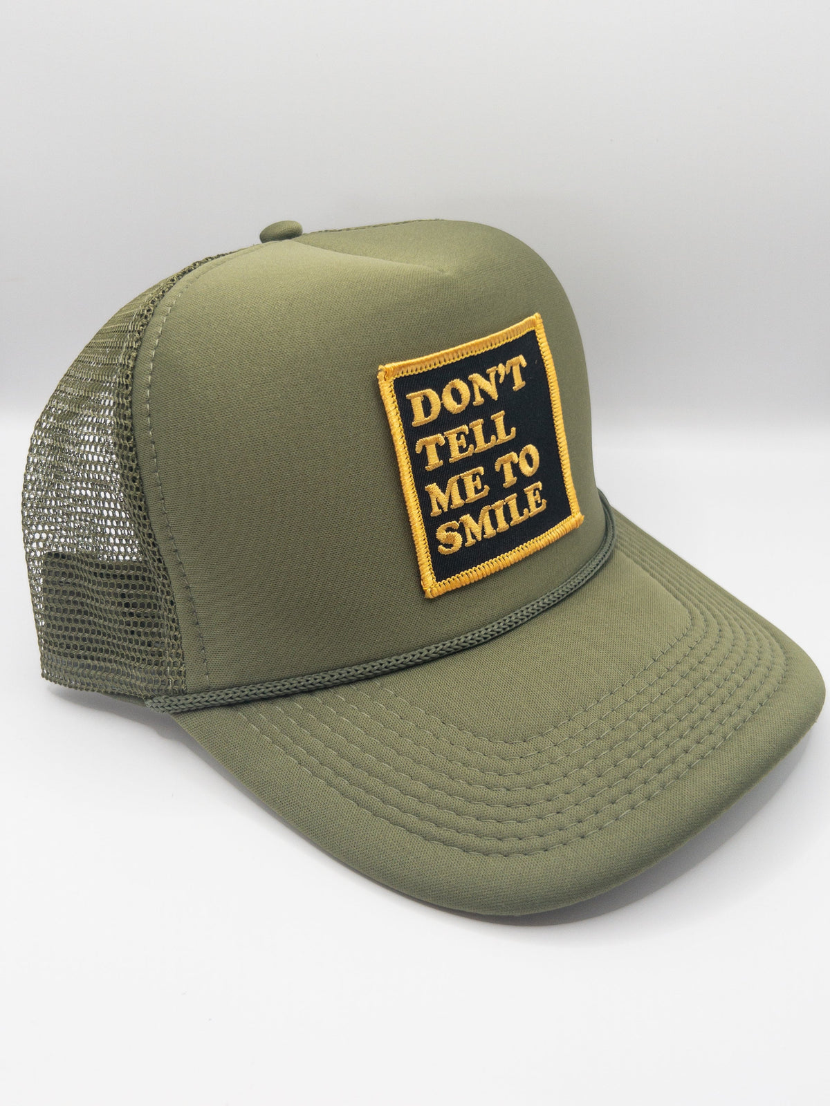 Don’t Tell Me To Smile Olive Green Trucker Hat | Patch Trucker Hat Hats TheFringeCultureCollective