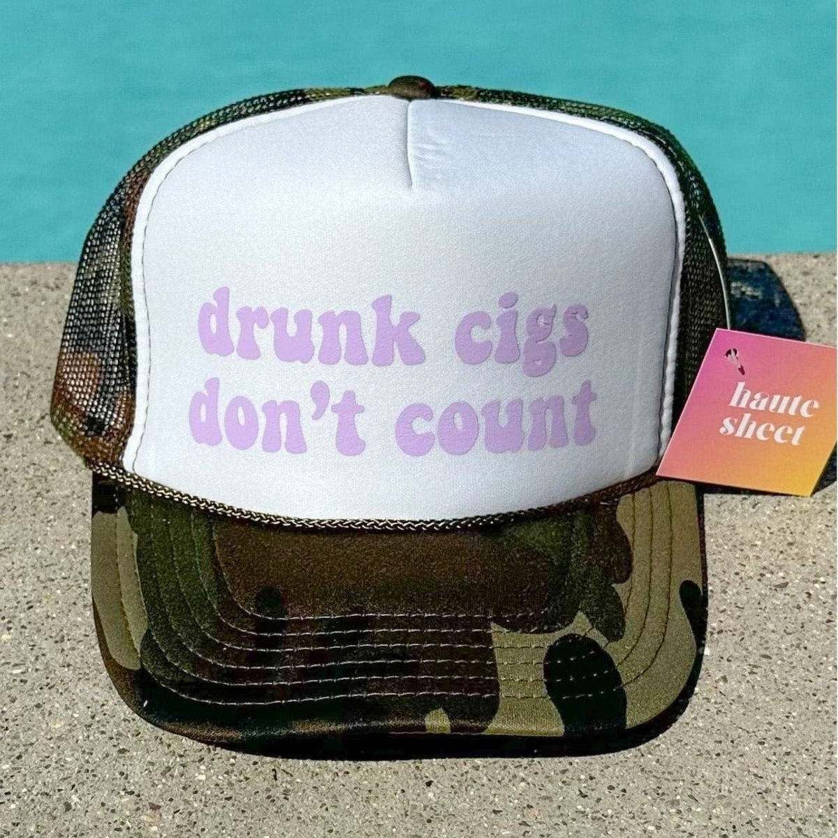 Drunk Cigs | Camo and White Trucker Hat by Haute Sheet Hats TheFringeCultureCollective