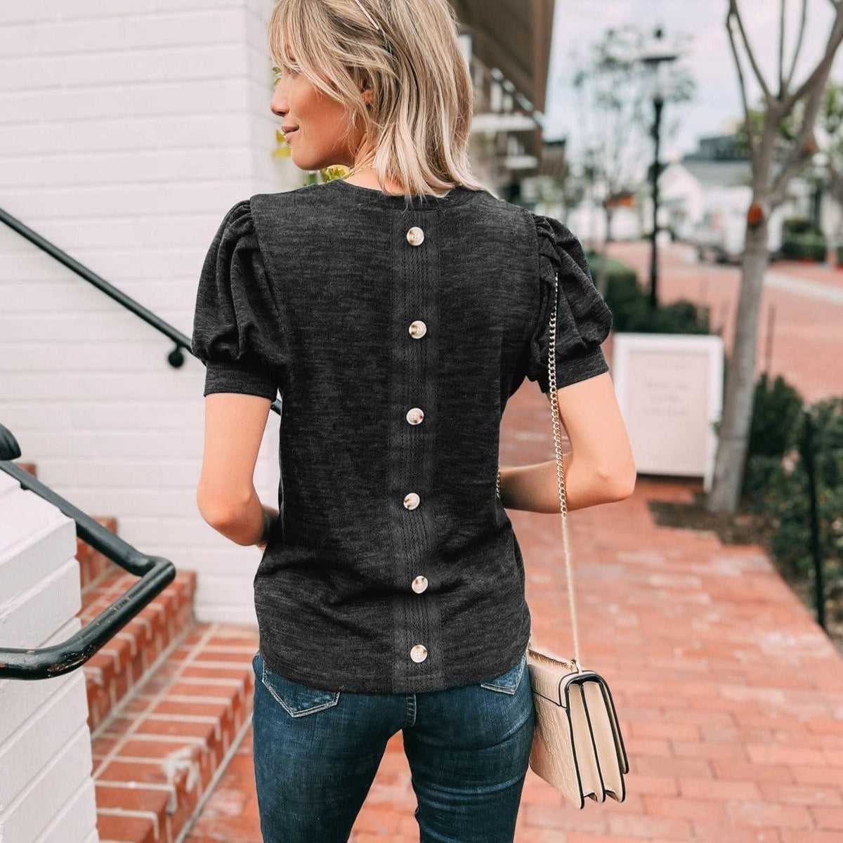 Emma Puff Sleeve Button Back Black Top Tops TheFringeCultureCollective