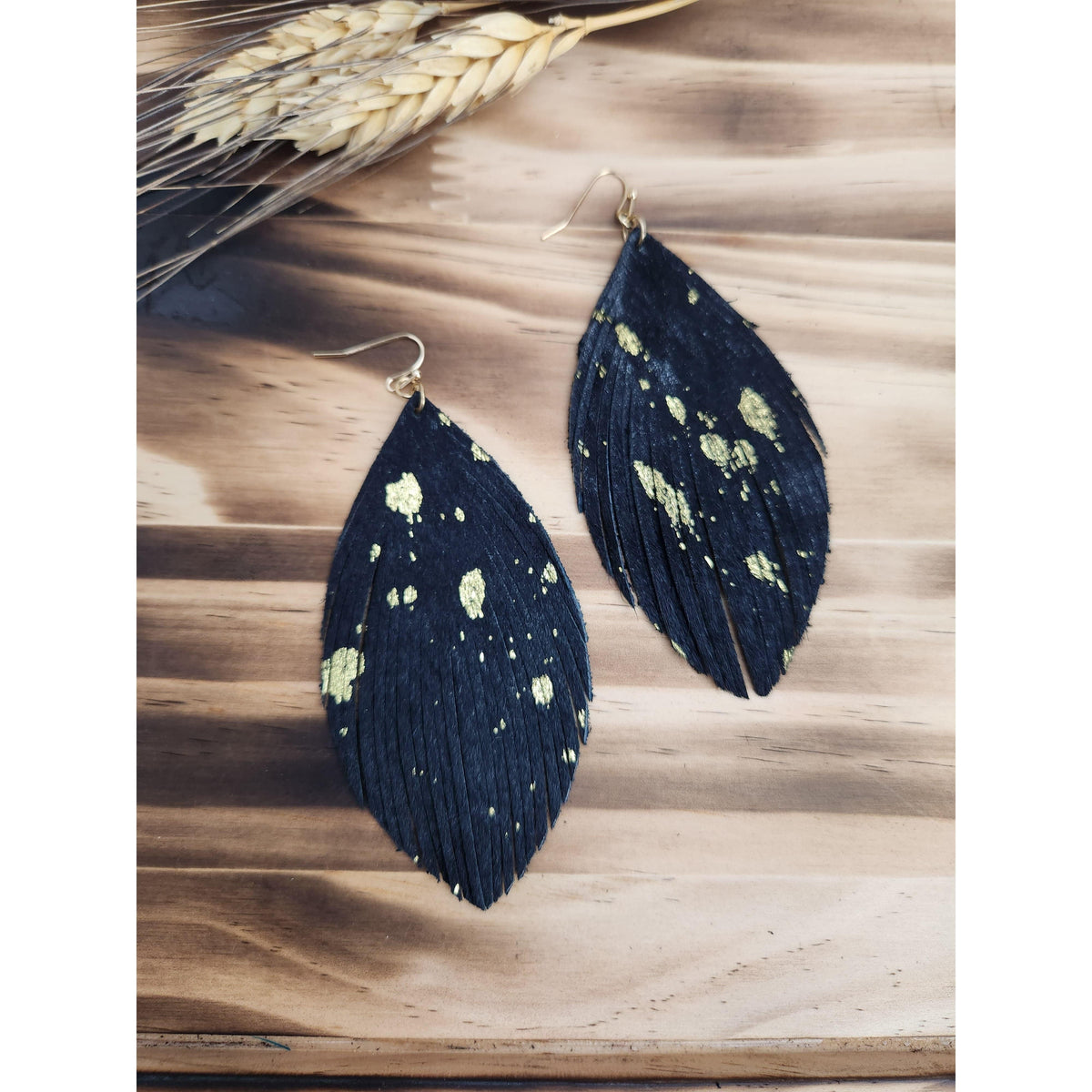 Giddy Up Black and Gold Leather Fringe Earrings Earrings TheFringeCultureCollective