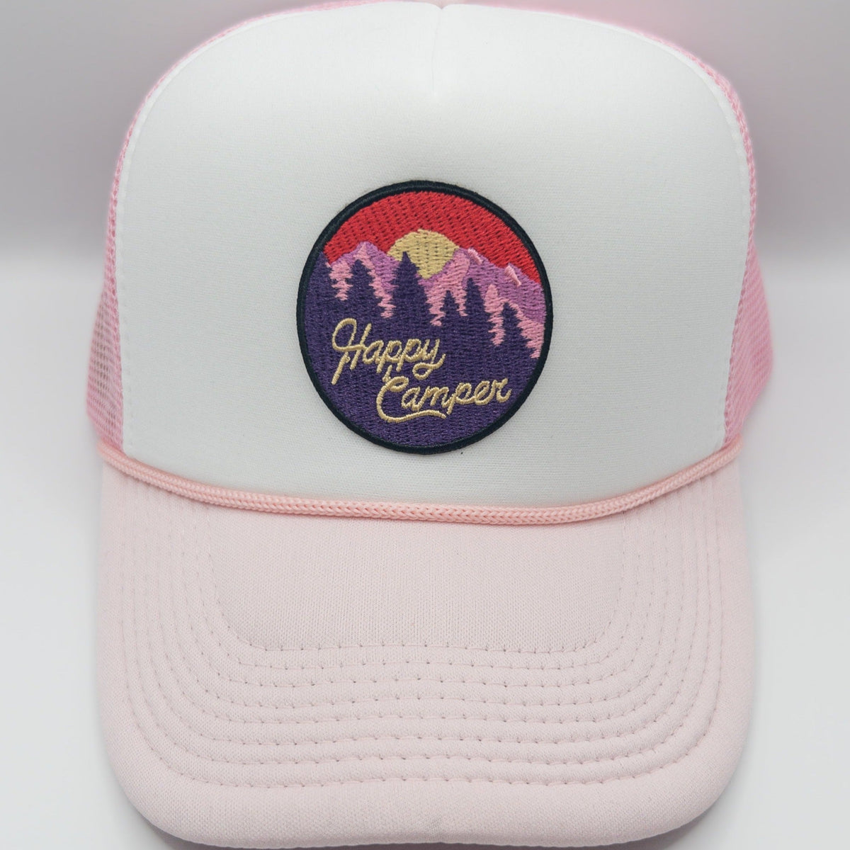 Happy Camper Hat | White and Pink Hat | Patch Trucker Hat Hats TheFringeCultureCollective