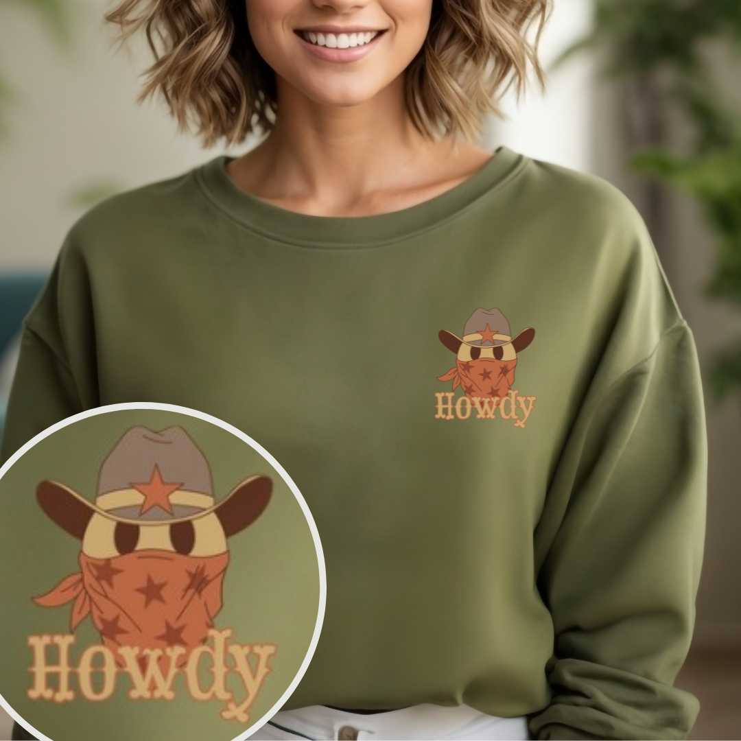 Howdy Western Sweatshirt with Cowboy Emoji Sweatshirt TheFringeCultureCollective