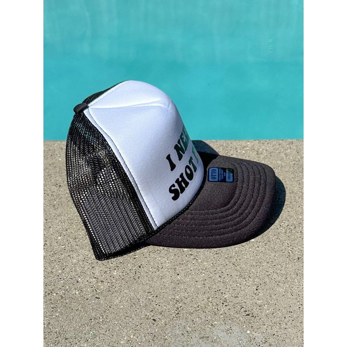 I need a shot first | Black and White Trucker Hat by Haute Sheet | Funny Alcohol related Hats TheFringeCultureCollective