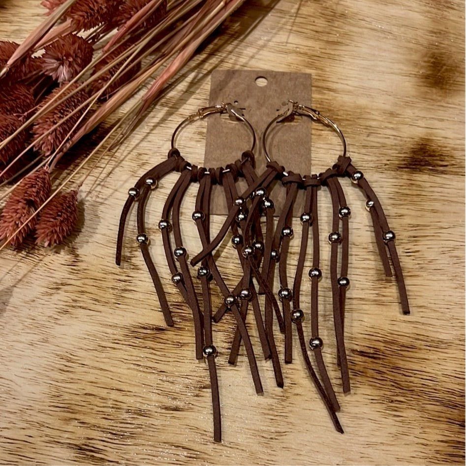 Indy Long Brown Leather Tassel Earrings Earrings TheFringeCultureCollective