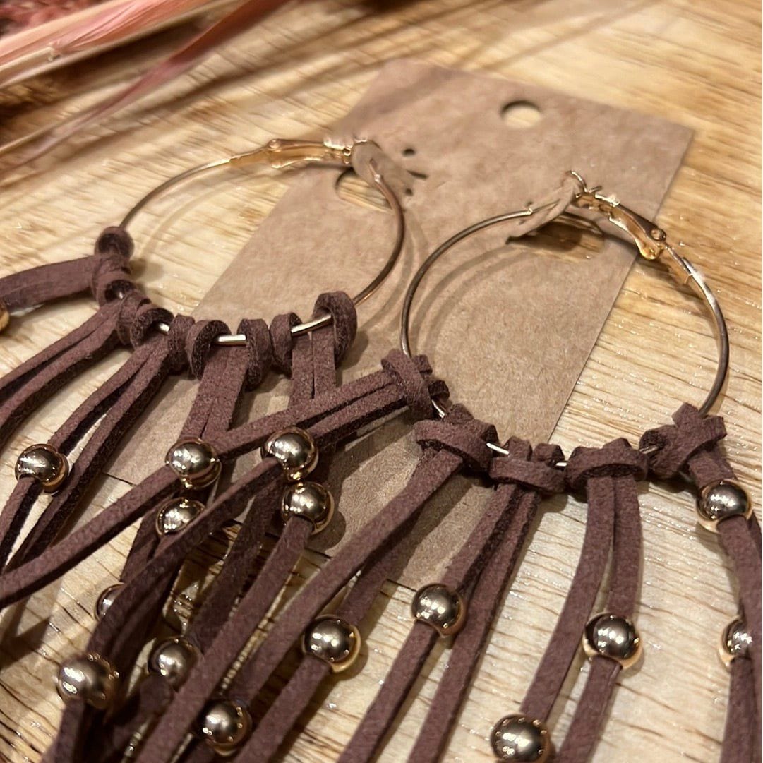 Indy Long Brown Leather Tassel Earrings Earrings TheFringeCultureCollective