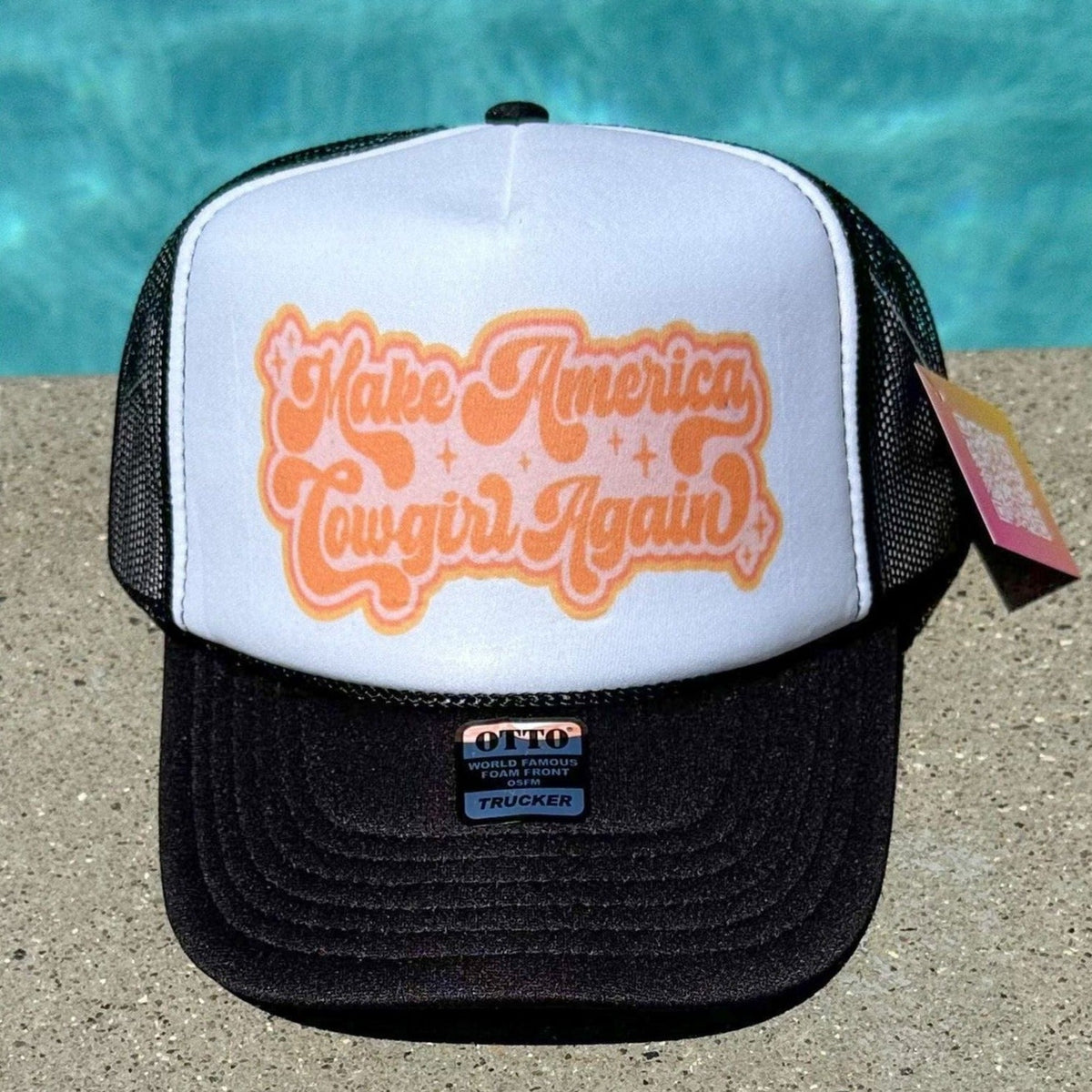 Make America Cowgirl Again | Black, White, Orange Trucker Hat by Haute Sheet Hats TheFringeCultureCollective