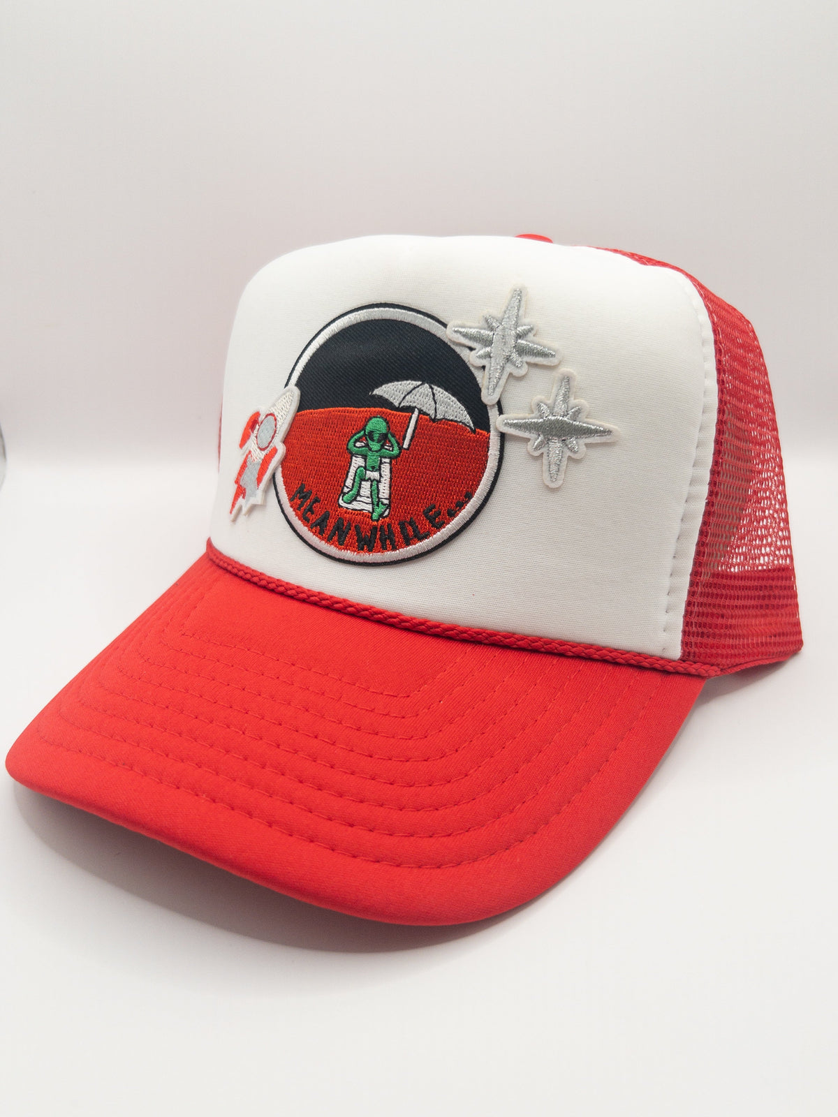 Meanwhile Space Cowboy Hat | Patch Trucker Hat | Red and White Trucker Hat Hats TheFringeCultureCollective