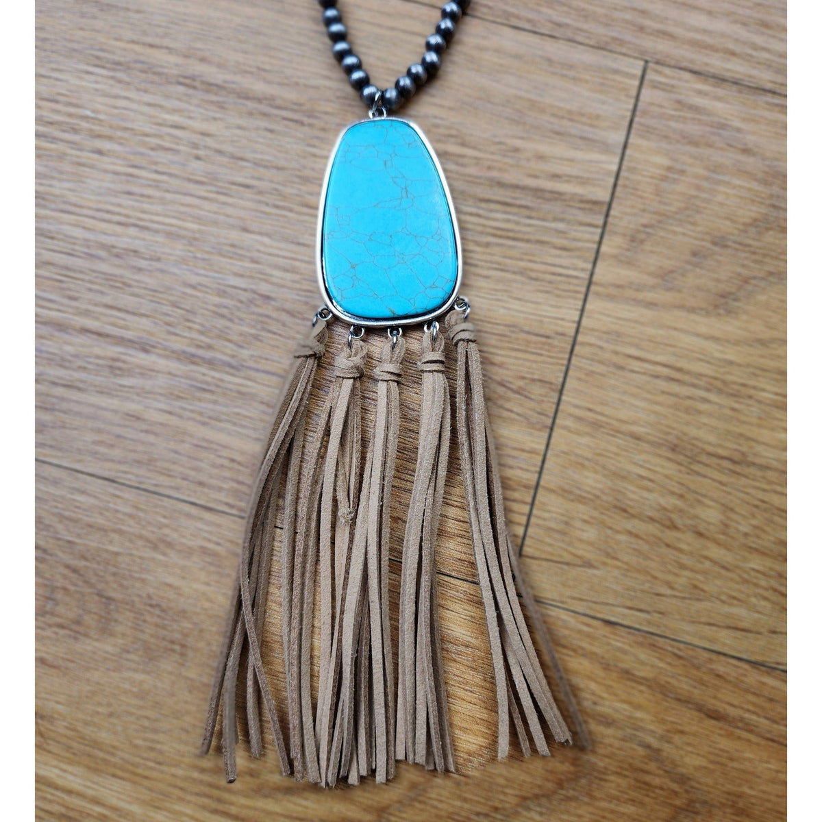 On the Fringe Turquoise and Leather Beaded Necklace with Earrings Western Necklace TheFringeCultureCollective