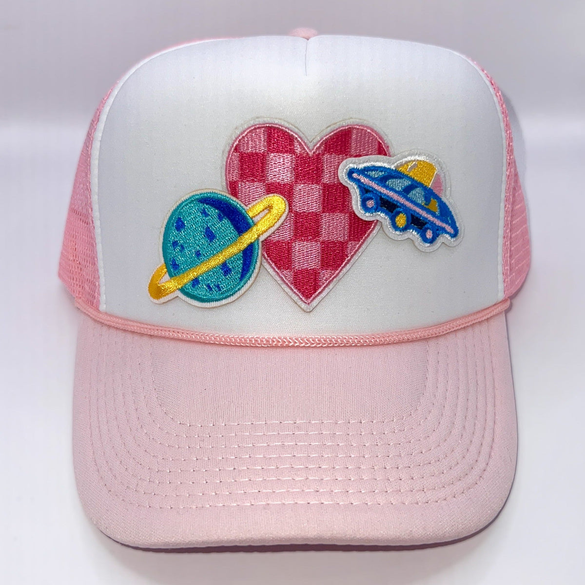 Outer Space Trucker Hat | Patch Trucker Hat | White and Pink Hat Hats TheFringeCultureCollective