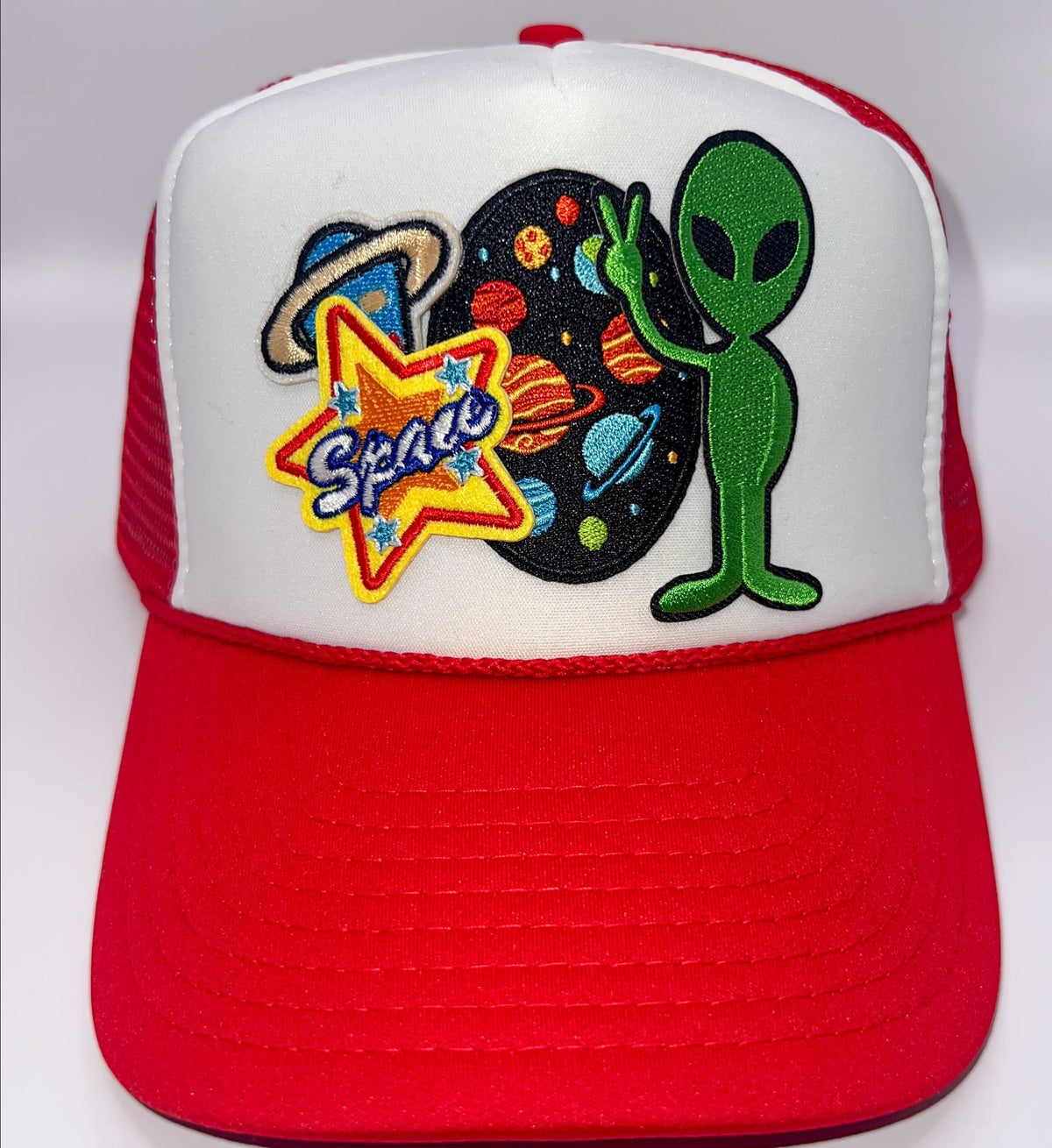 Peace Out Alien Trucker Hat | Patch Trucker Hat | Red and White Trucker Hat Hats TheFringeCultureCollective