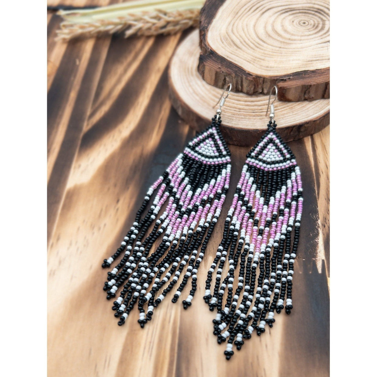 Pink and Black Long Fringe Beaded Earrings Beaded Earrings TheFringeCultureCollective
