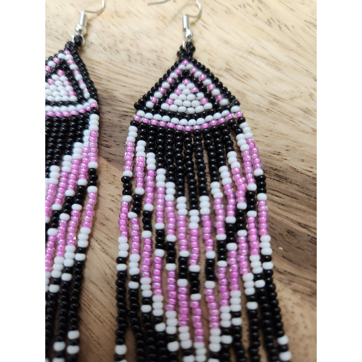 Pink and Black Long Fringe Beaded Earrings Beaded Earrings TheFringeCultureCollective