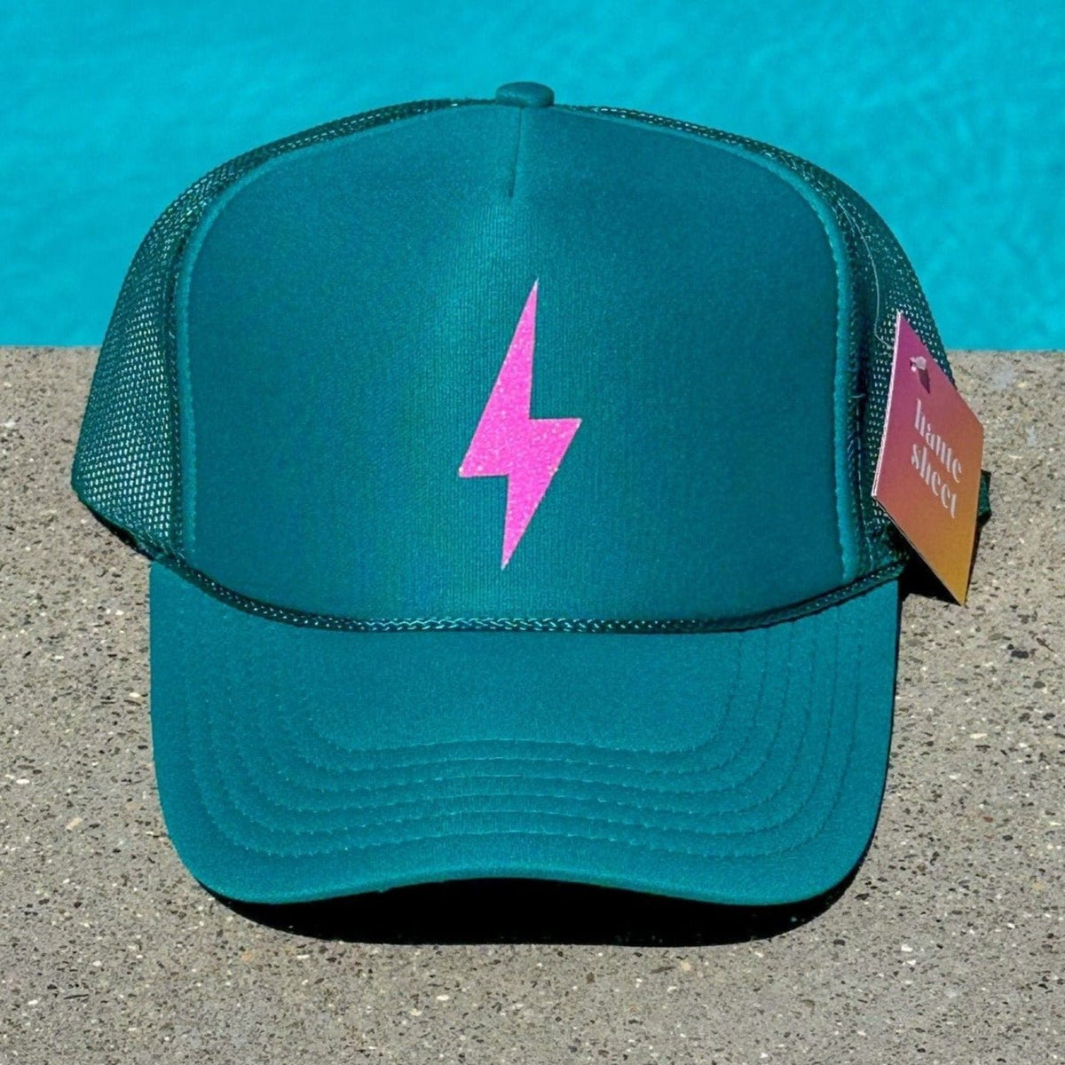 Pink Bolt | Turquoise Trucker Hat by Haute Sheet Hats TheFringeCultureCollective