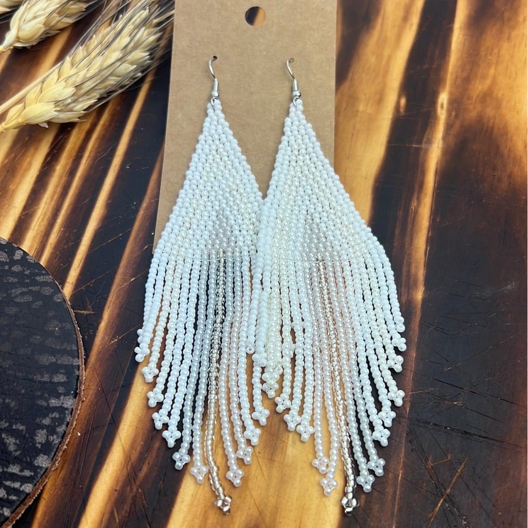 Pure as Snow Long White Beaded Fringe Earrings Earrings TheFringeCultureCollective