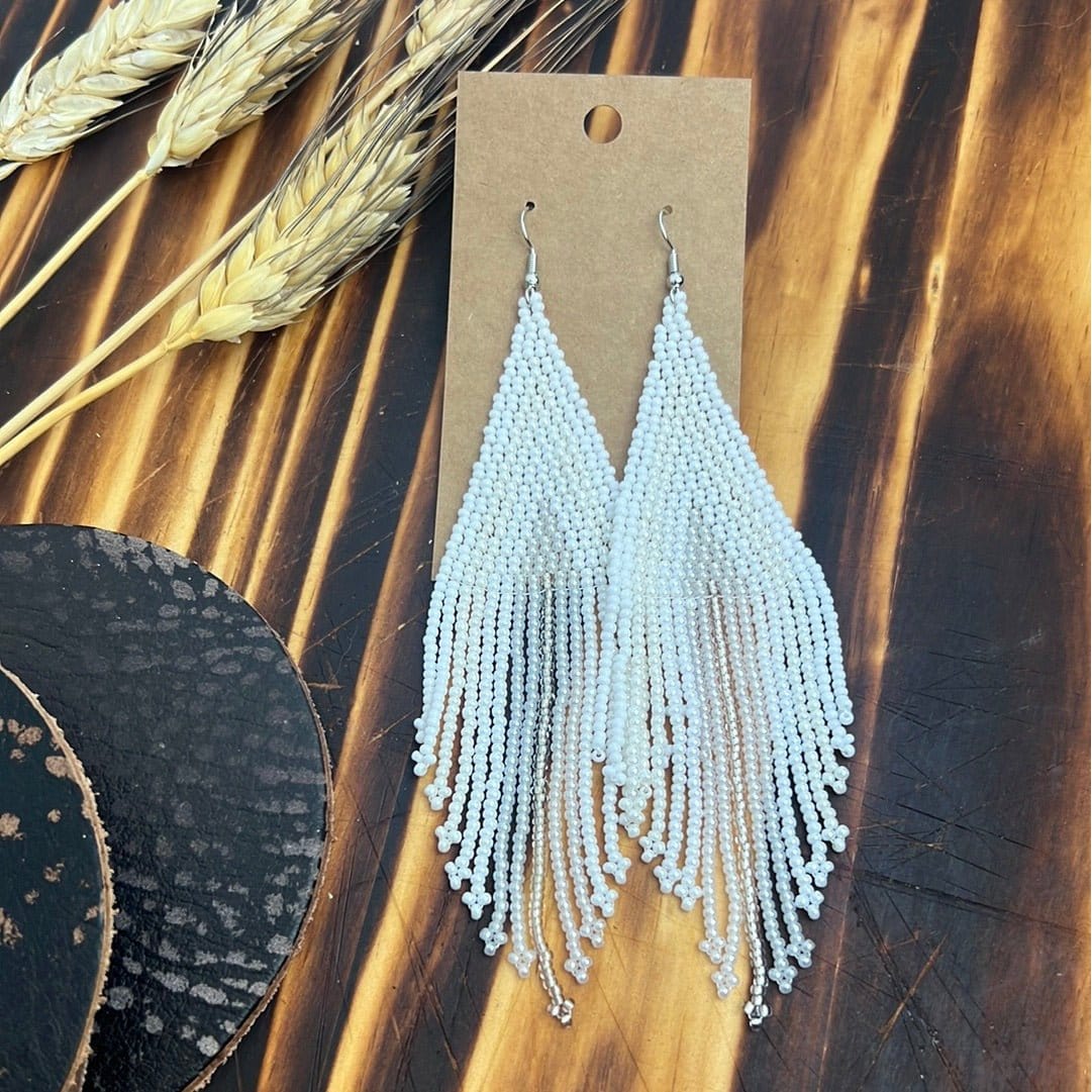 Pure as Snow Long White Beaded Fringe Earrings Earrings TheFringeCultureCollective