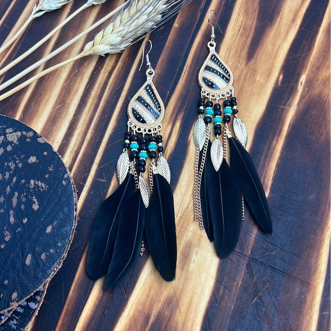 Roadrunner Black and Gold Feather and Chain Earrings Earrings TheFringeCultureCollective
