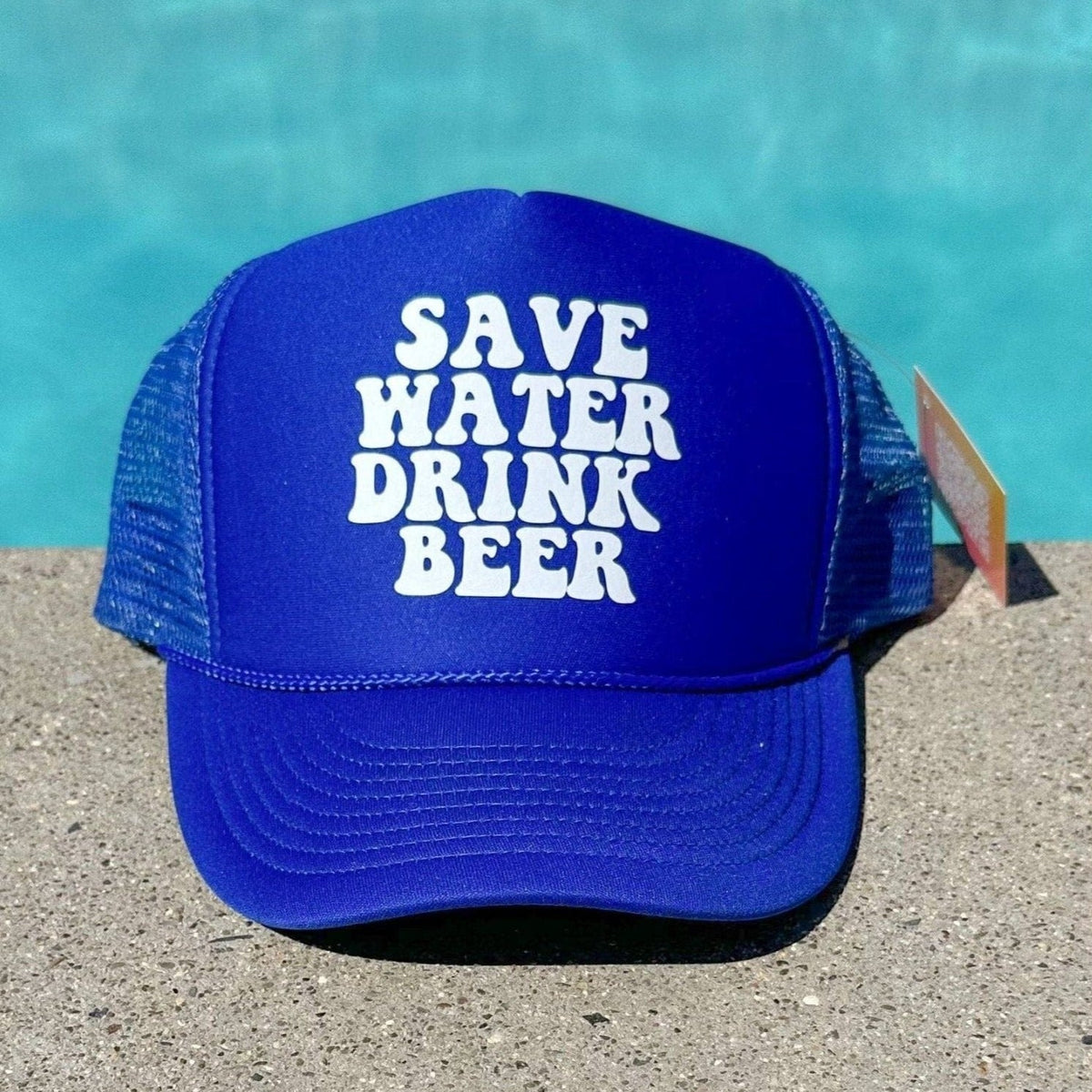 Save Water | Blue and White Trucker Hat by Haute Sheet | Funny Alcohol Related Hats TheFringeCultureCollective