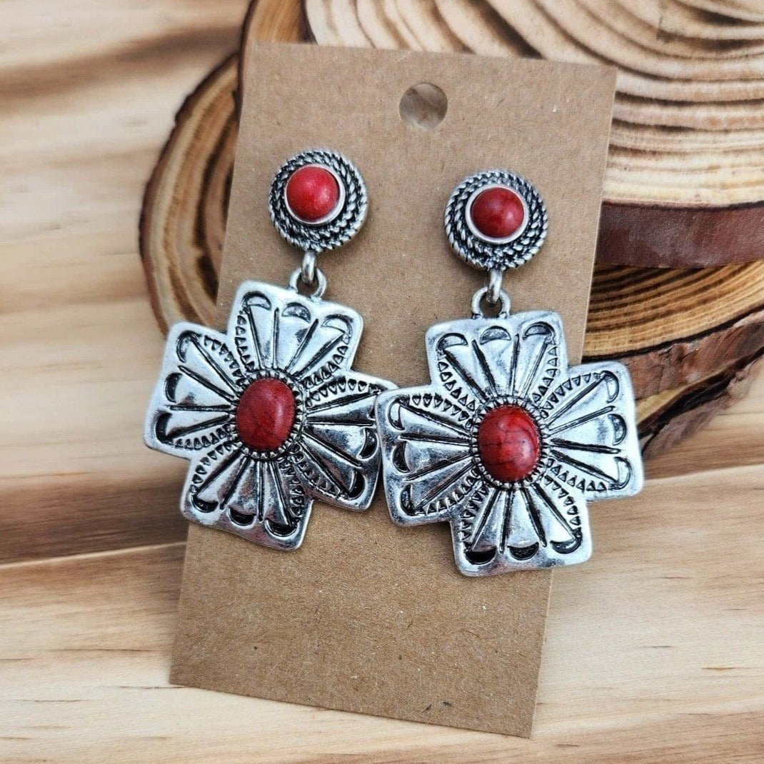 Silver with Red Western Earrings TheFringeCultureCollective