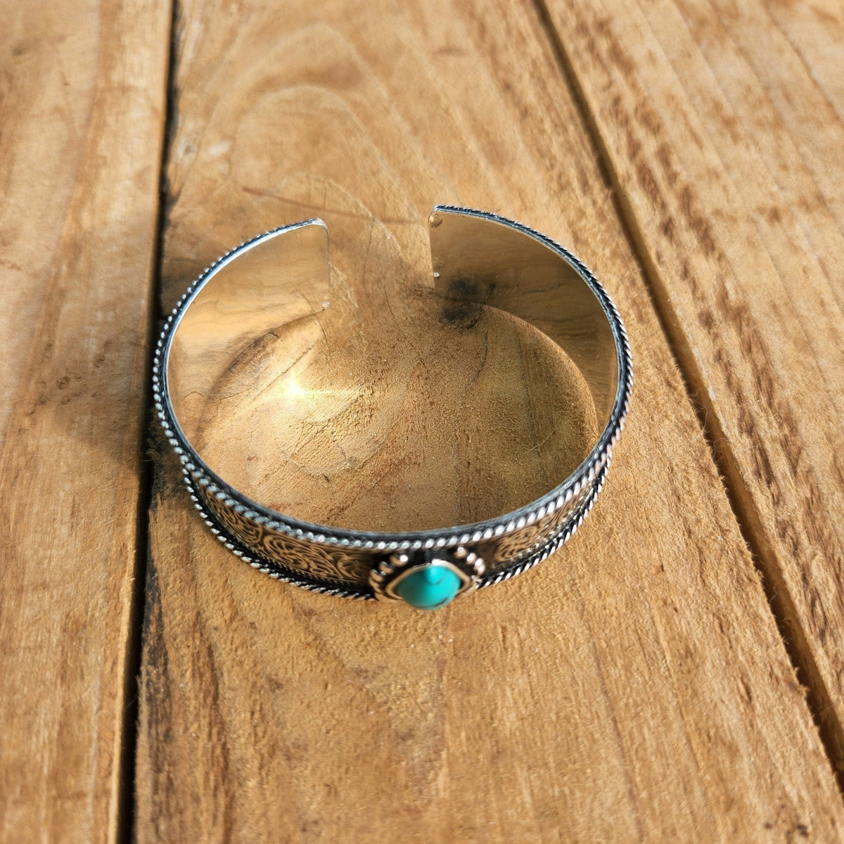 Stamped Silver Cuff Bracelet with Turquoise Stone Western Bracelet TheFringeCultureCollective