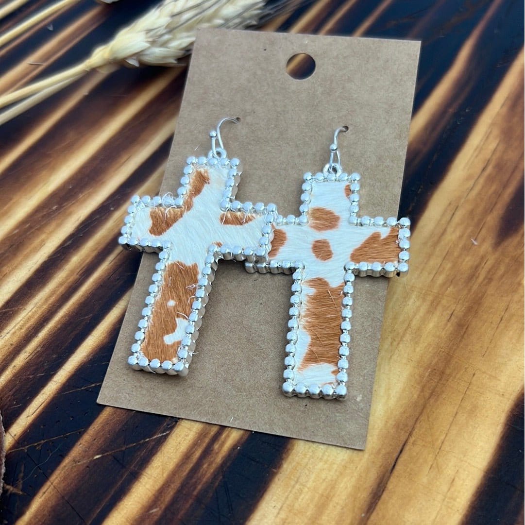 Take Me To Church Cross Cowhide Earrings Earrings TheFringeCultureCollective