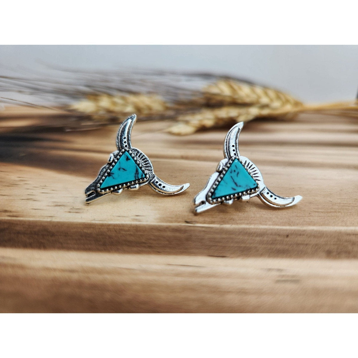 Texas Longhorn Silver and Turquoise Earrings Earrings TheFringeCultureCollective