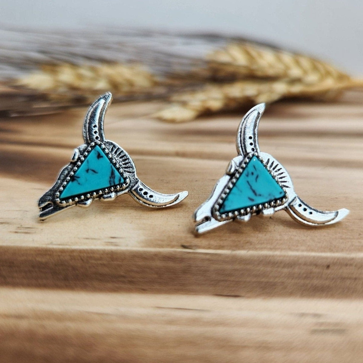 Texas Longhorn Silver and Turquoise Earrings Earrings TheFringeCultureCollective