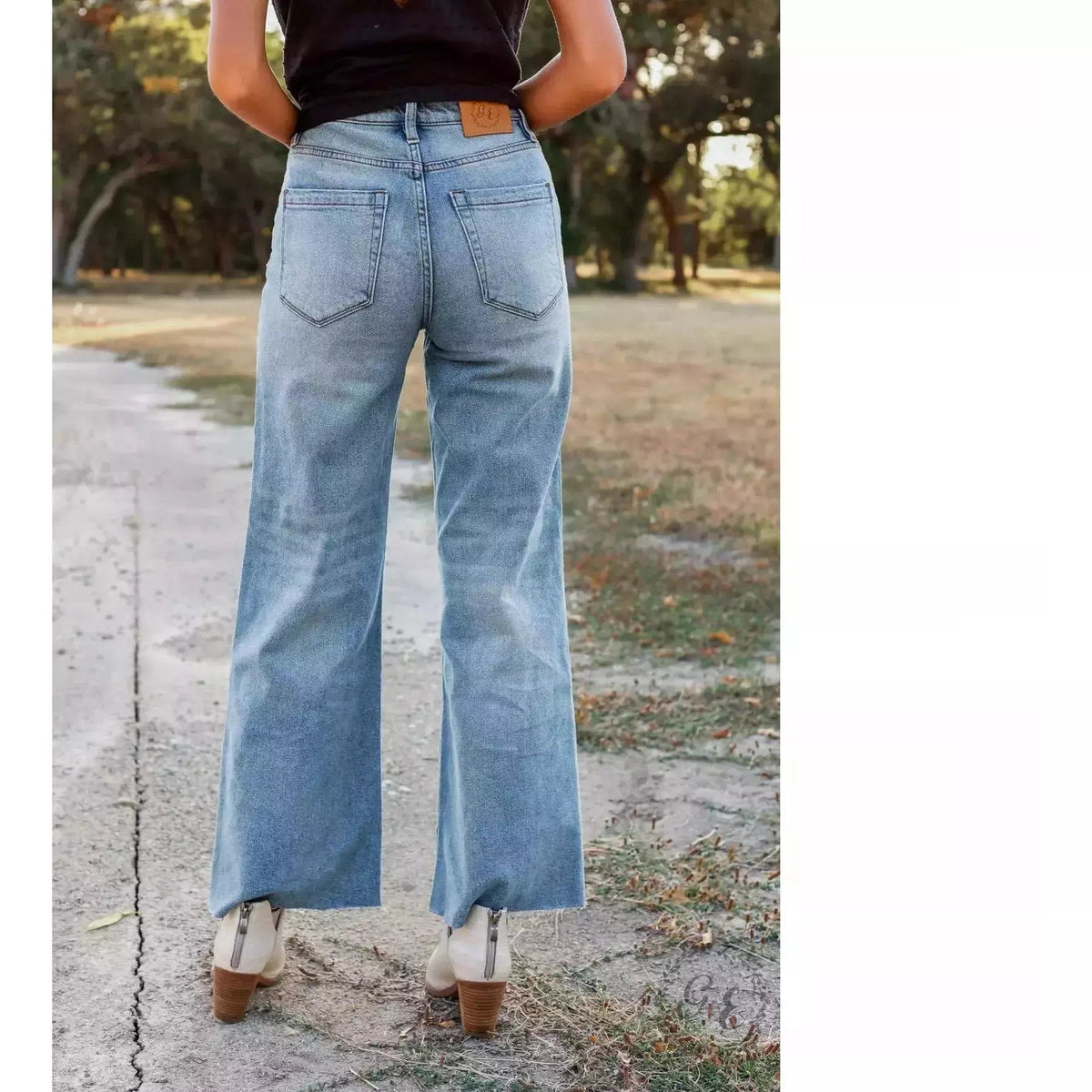 The Dakota Denim Jeans Mid Wash Wide Leg with Frayed Hem Denim TheFringeCultureCollective