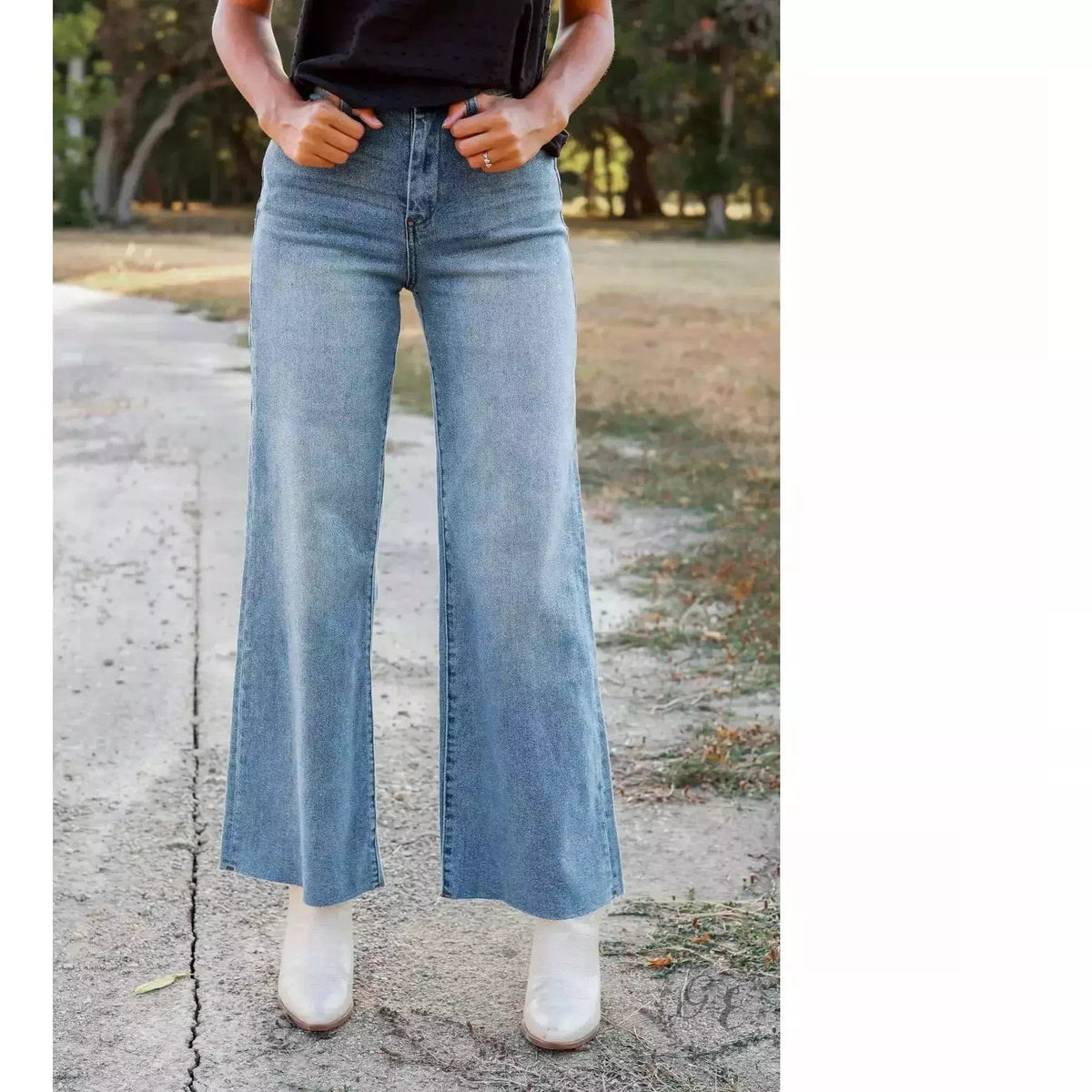 The Dakota Denim Jeans Mid Wash Wide Leg with Frayed Hem Denim TheFringeCultureCollective