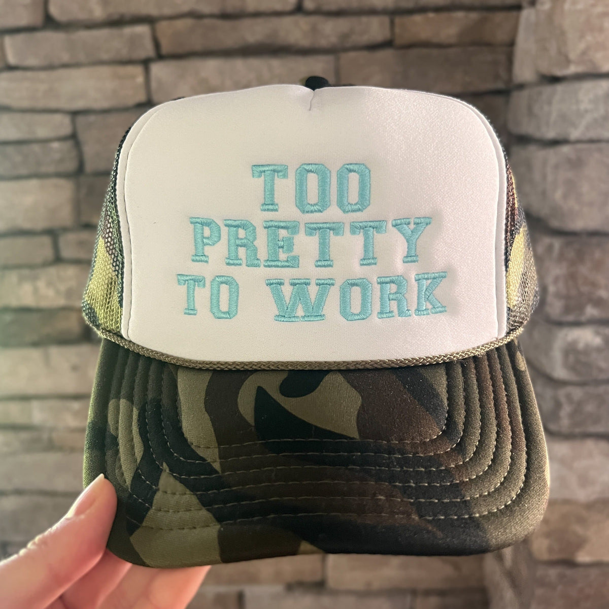 Too Pretty To Work | Camo Trucker Hat by Haute Sheet