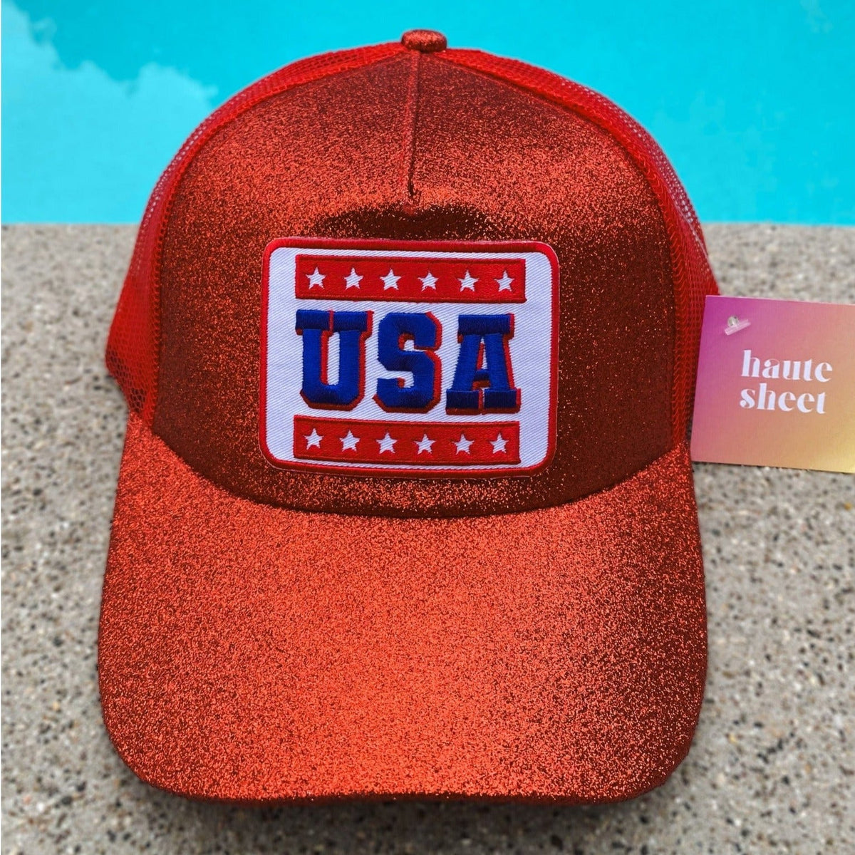 USA Red Glitter Patch Trucker Hat |Trendy Trucker Hat | Haute Sheet Trucker Hat Hats TheFringeCultureCollective