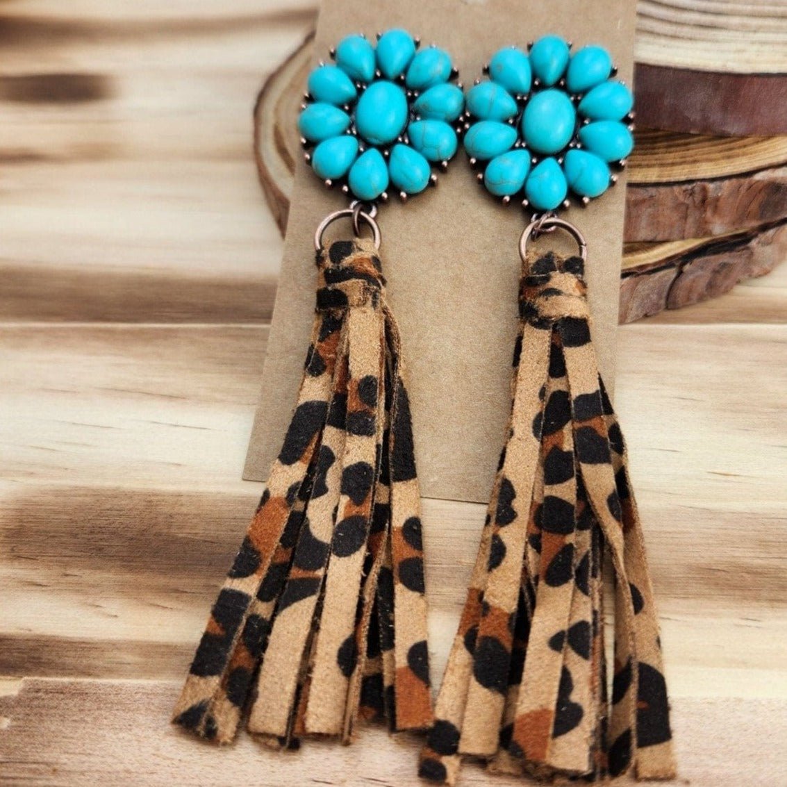 Wild Thing Leopard and Turquoise Leather Earrings TheFringeCultureCollective