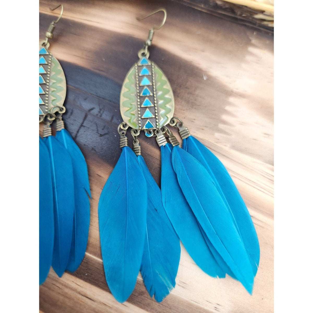Wilderness Calls Turquoise and Bronze Long Feather Earrings Earrings TheFringeCultureCollective